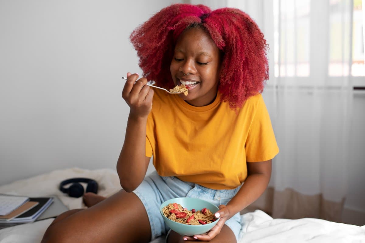 A woman enjoying a calm breakfast